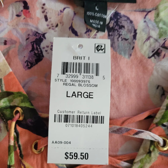 INC Smocked 100% Cotton Blossom Floral Ruffled Peach Blouse Size Large - Picture 11 of 13